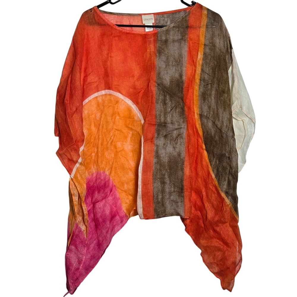 Chicos 100% Linen Poncho Top S/M Boxy Lagenlook Oversized Resort Art Gauze